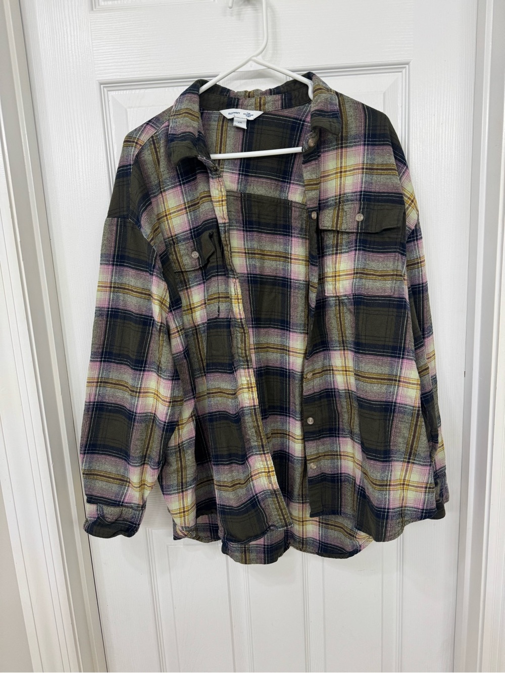 Old Navy Plaid Boyfriend Shirt in Olive, Purple & Yellow